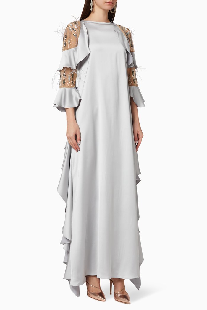 

Lara Hand Beaded Ruffle Kaftan, Grey
