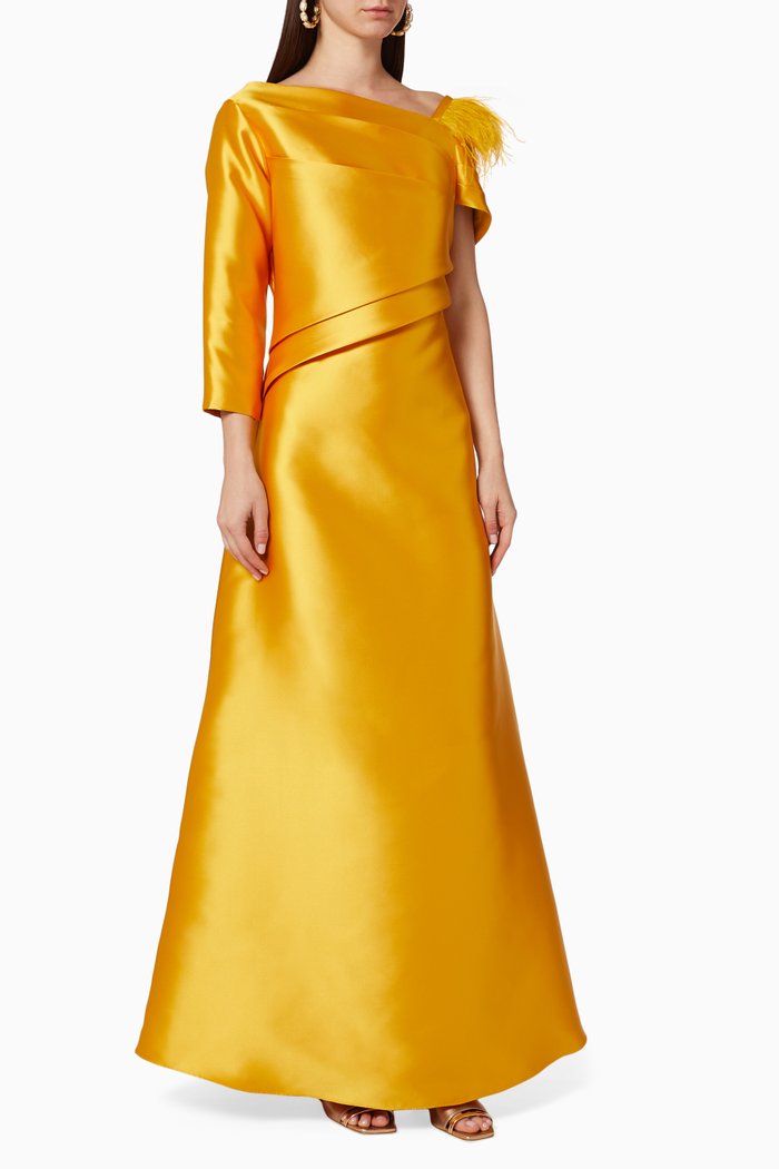 

Rianna Draped Feathers Gown, Yellow