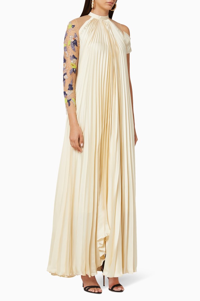 

Aria Beaded Pleated Gown, Neutral