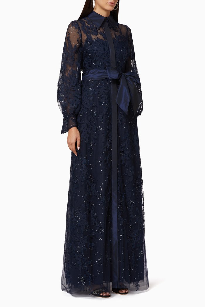 

Beaded Tulle Shirt Gown, Blue