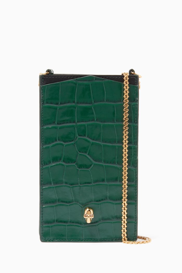 

Skull Phone Case on Chain in Croc-Embossed Calfskin, Green