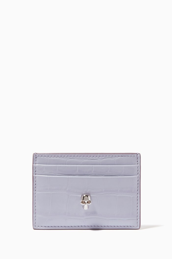 

Skull Card Holder in Shiny Croc Embossed Leather, Purple