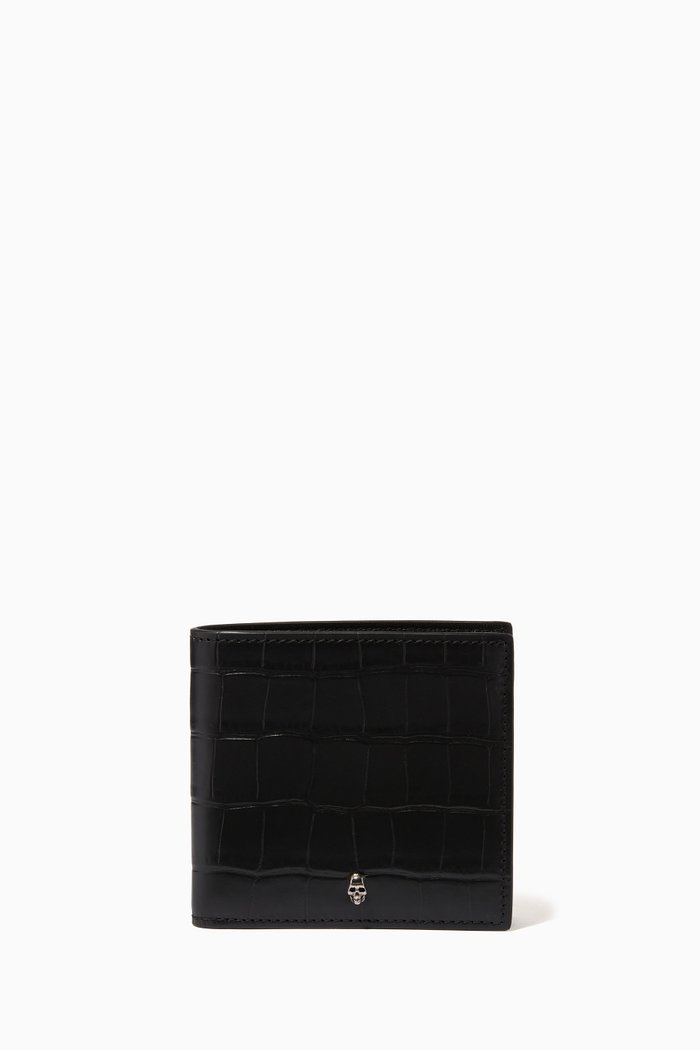 

Skull Billfold Wallet in Croc-embossed Calfskin, Black