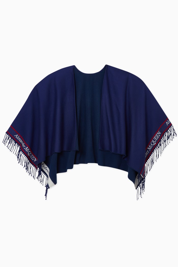 

Selvedge Fringed Logo Cape in Wool, Blue