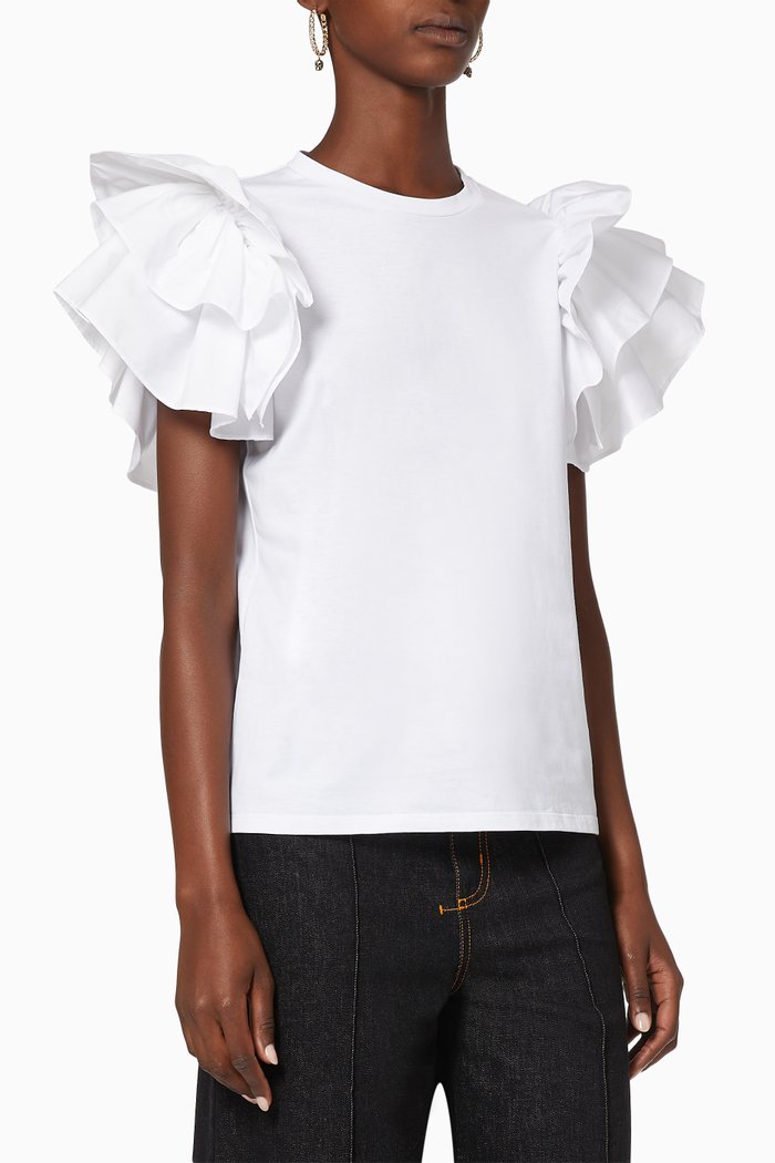

Bow Ruffled Sleeve Cotton T-Shirt, White