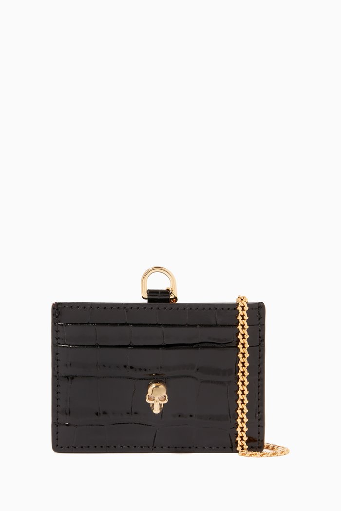 

Skull Card Holder on Chain in Croc-Embossed Calfskin, Black
