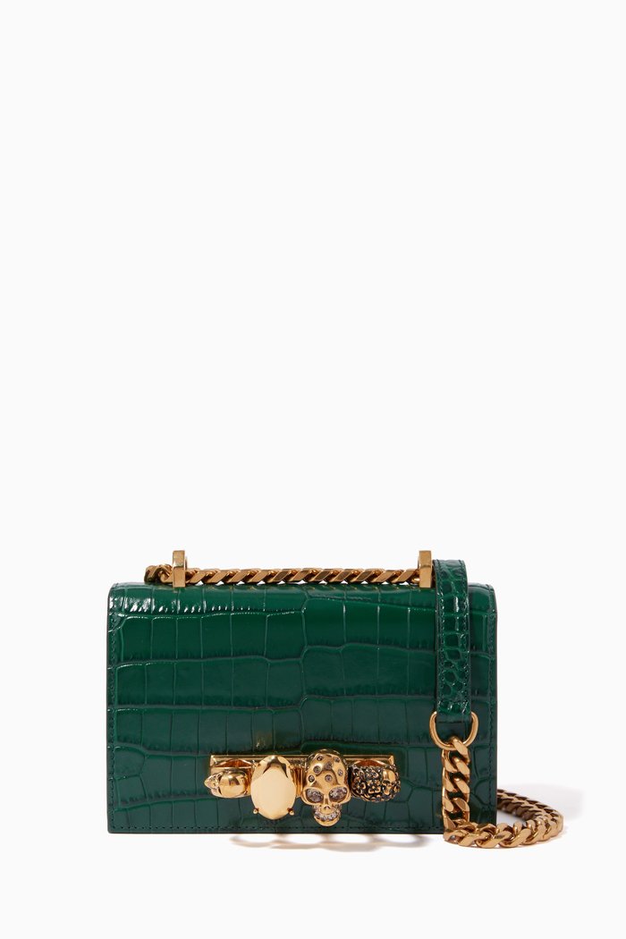 

Mini Jewelled Satchel in Croc-embossed Leather, Green