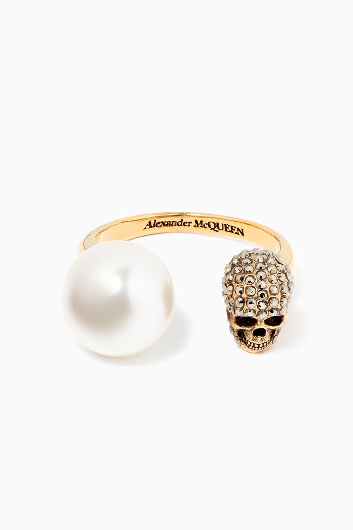 

Pearl Effect Skull Ring in Brass & Swarovski Crystal Pavé, Blue