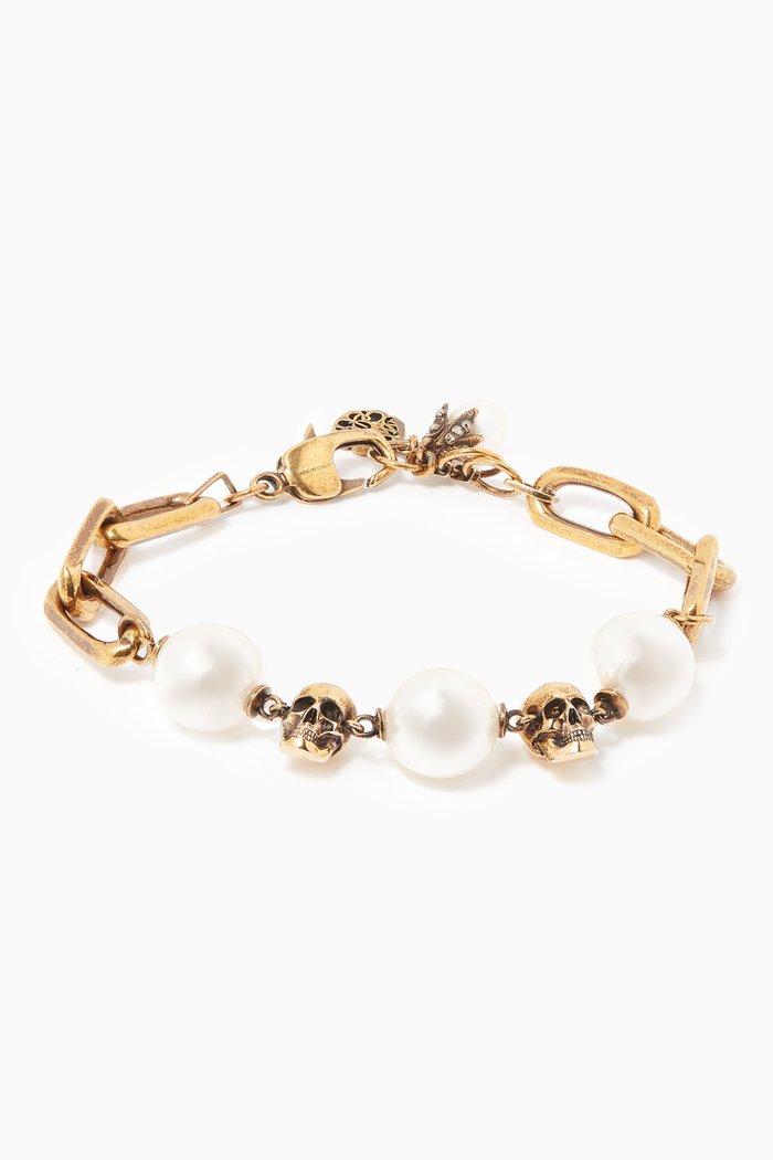 

Pearl Effect Skull Chain Bracelet in Brass, Blue