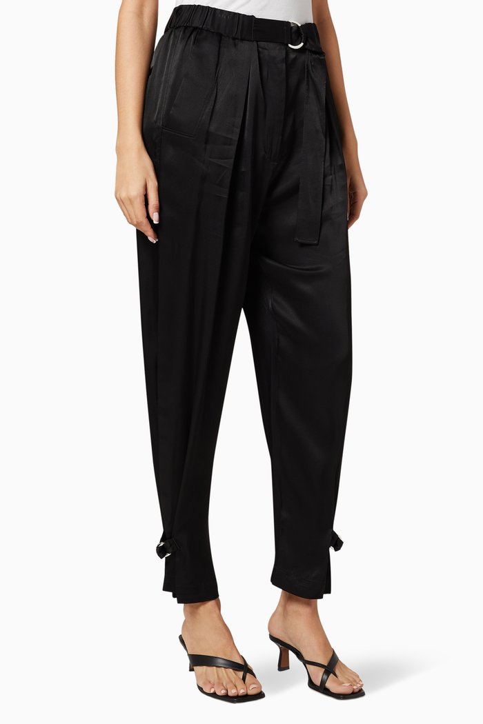 

Pleated Satin Belted Pants, Black