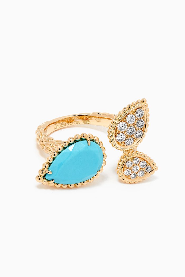 

Serpent Bohème Triple Motif Diamond Ring with Turquoise in 18kt Yellow Gold