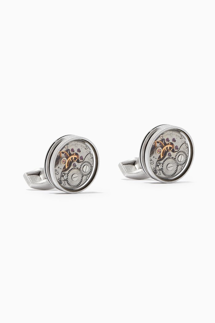

Slim Skeleton Gear Round Cufflinks in Matte Metal, Silver