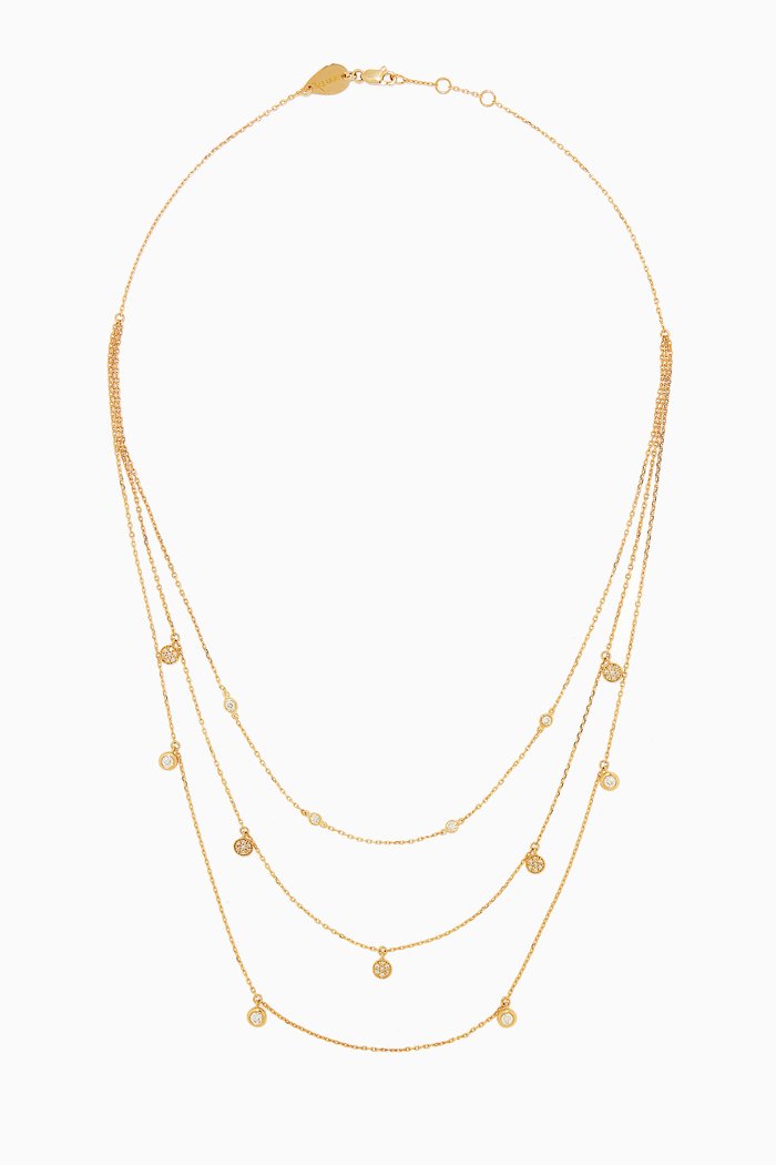 Three Rows Necklace with Diamond Charms in 18kt Yellow Gold