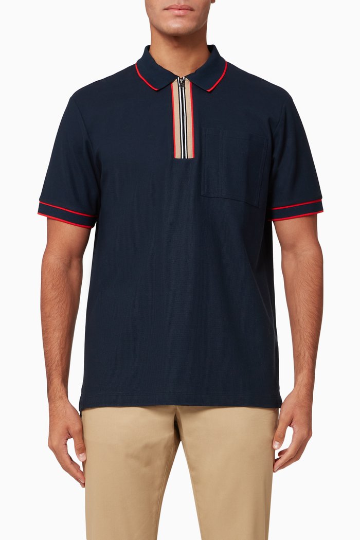 Icon Stripe Cotton Zip Polo Shirt, Blue