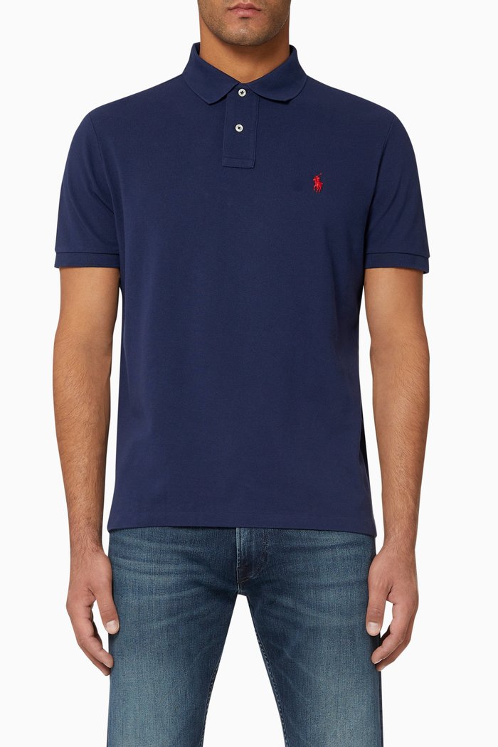 

Custom Slim Fit Cotton Mesh Polo, Blue