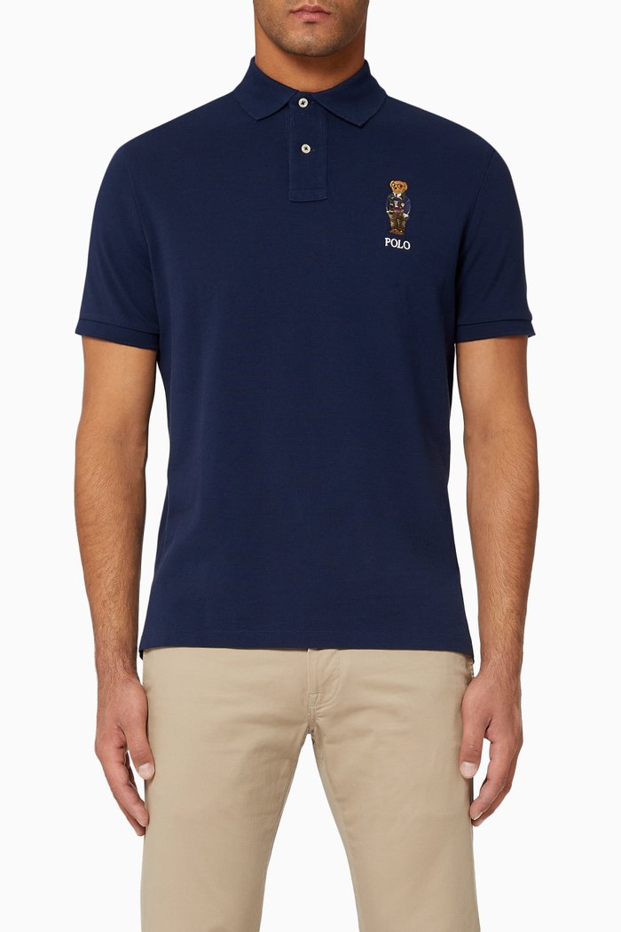 

Custom Slim Fit Preppy Bear Mesh Polo, Blue