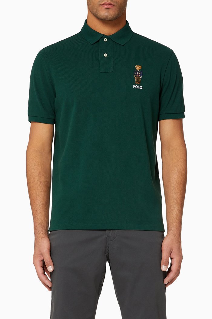 

Custom Slim Fit Preppy Bear Mesh Polo, Green