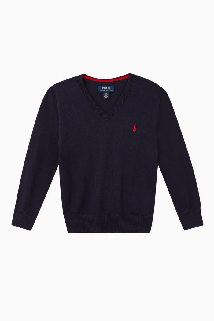 Cotton V-Neck Jumper, Blue