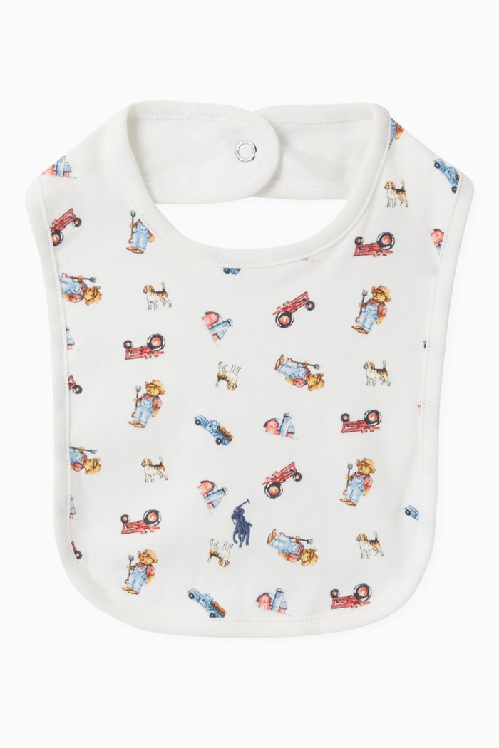 Polo Bear-Print Bib in Cotton, White