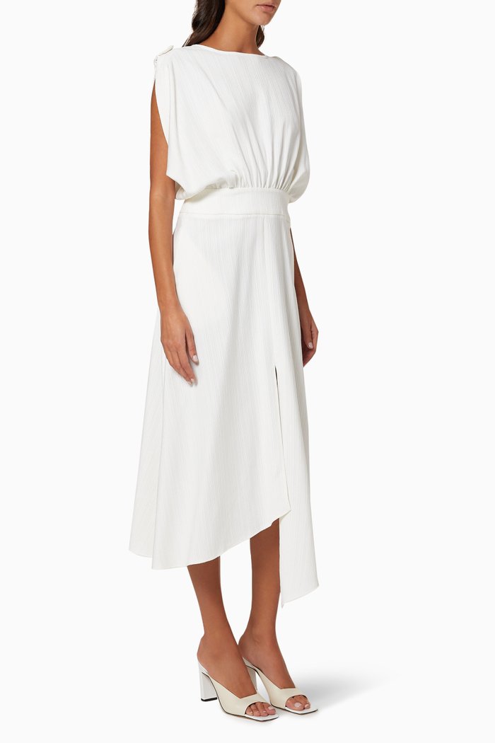 Asymmetrical Button-Tab Dress, White