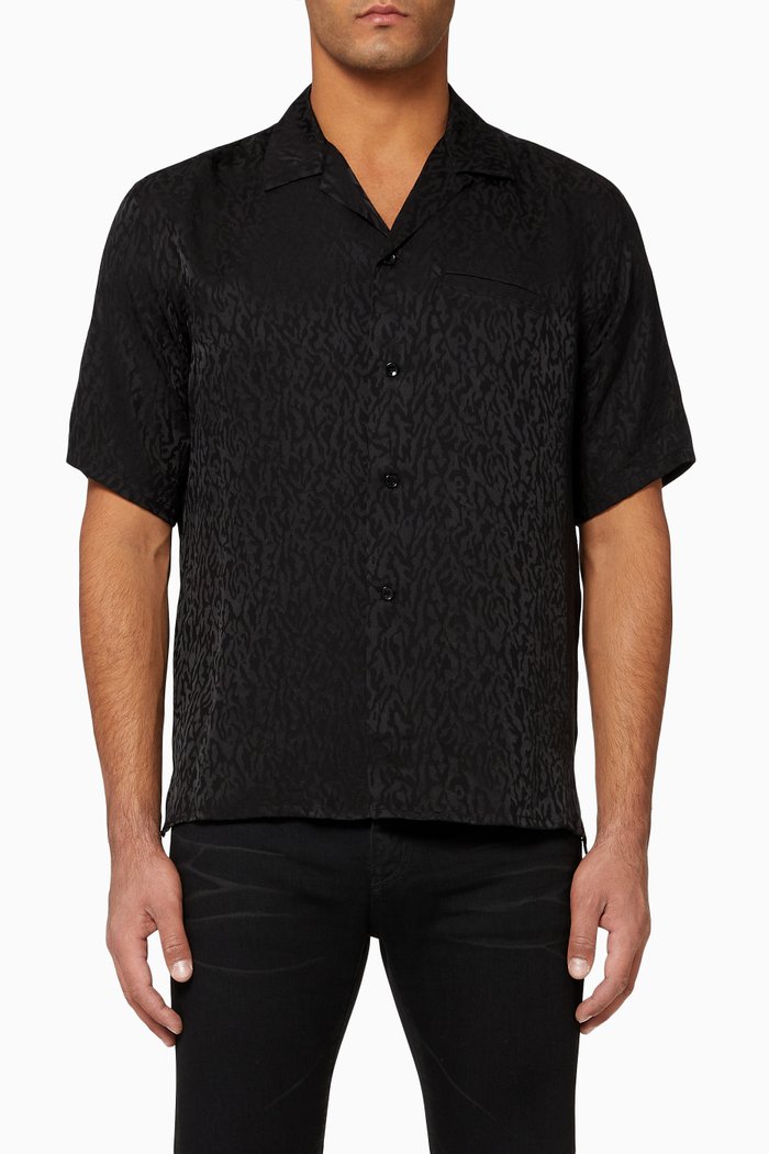 

Shark-Collar Shirt in Shiny And Matte Leopard Silk, Black