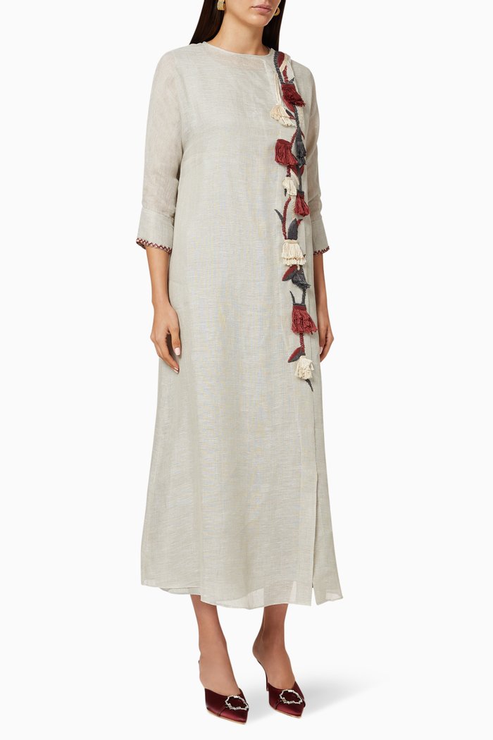 

Embroidered Fringe Cotton Kaftan, Neutral