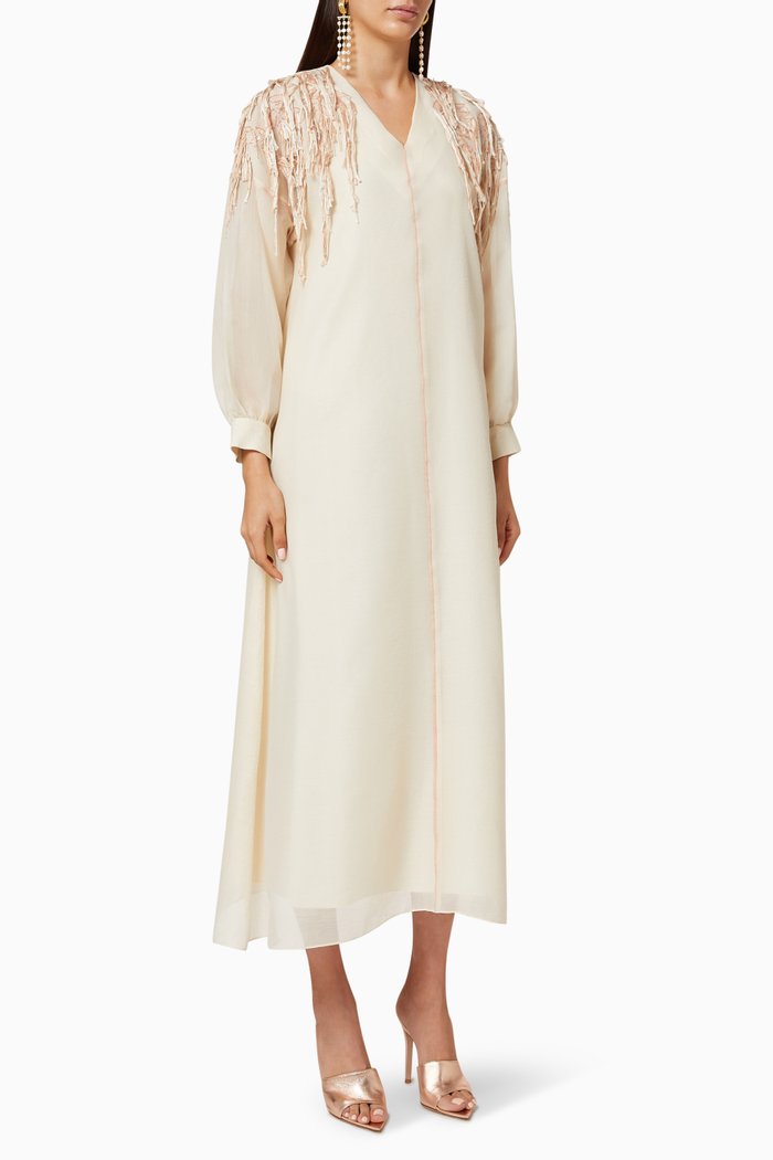 

Fringe Embroidered Organza Kaftan, Neutral
