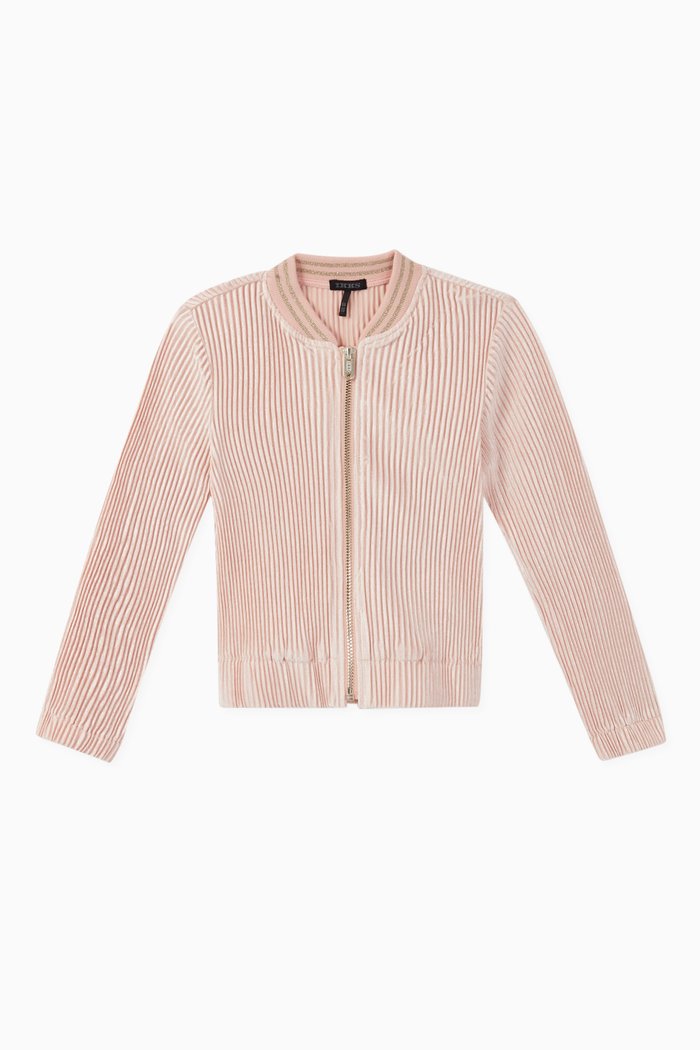 

Pleated Velvet Bomber Cardigan, Pink