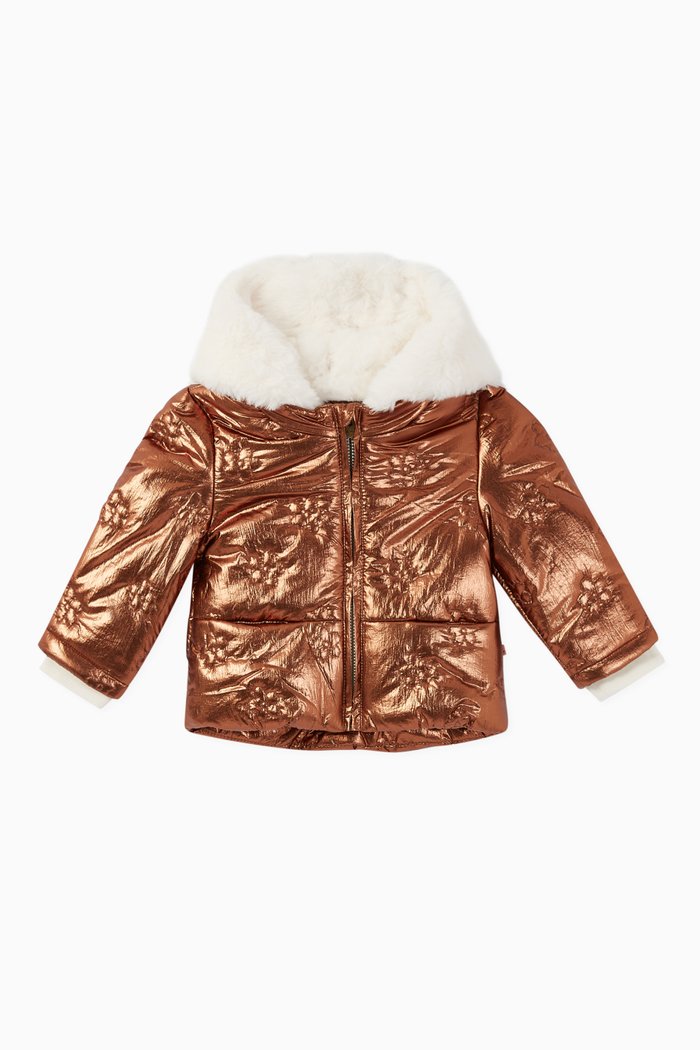 

Faux Fur Hooded Metallic Jacket, Brown