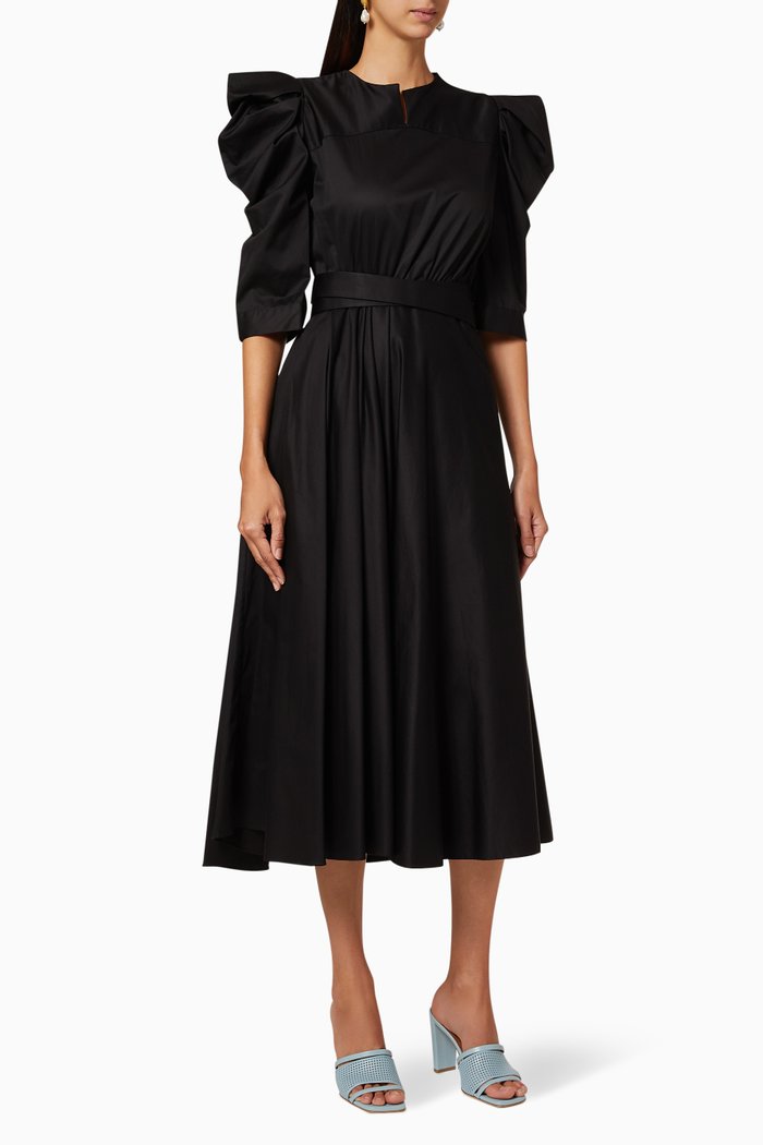 

Puff Sleeve Belted Dress, Black