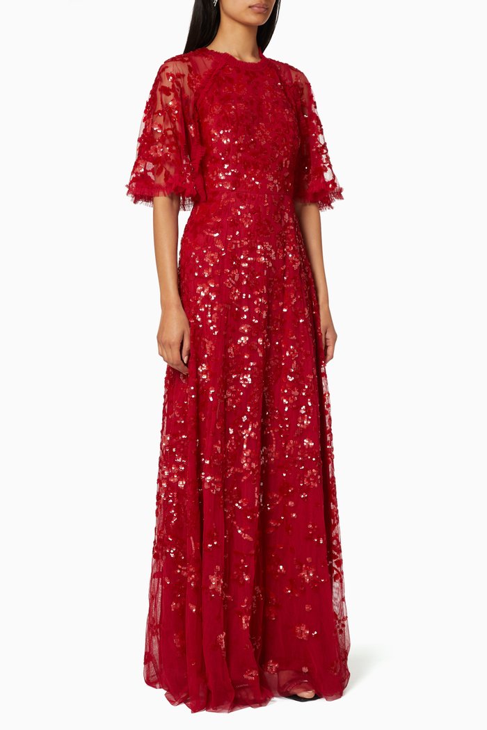 

Sequin Embellished Cape Sleeves Gown, Red