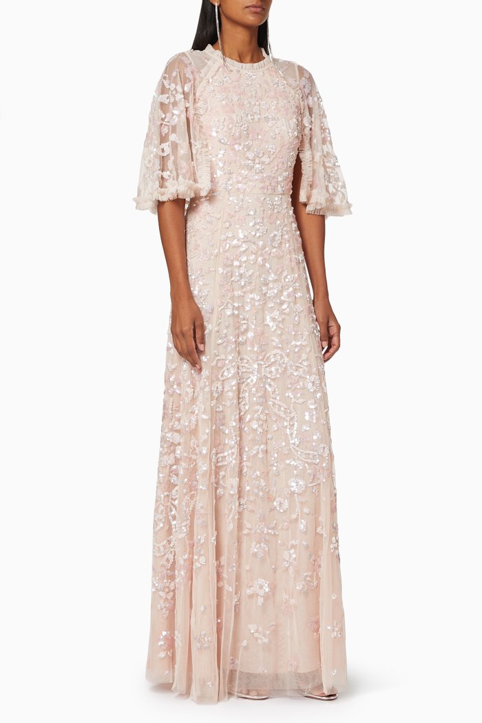 

Sequin Embellished Cape Sleeves Gown, Pink