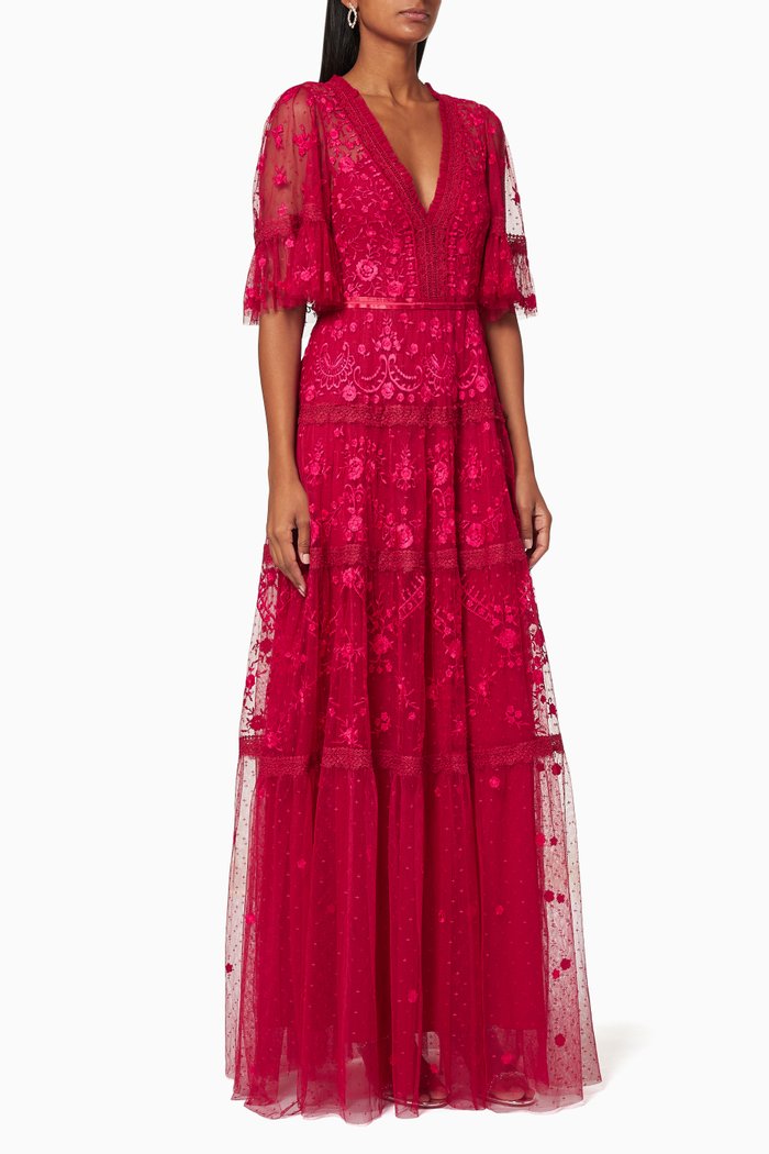 

Lottie Embroidered Lace Gown, Red
