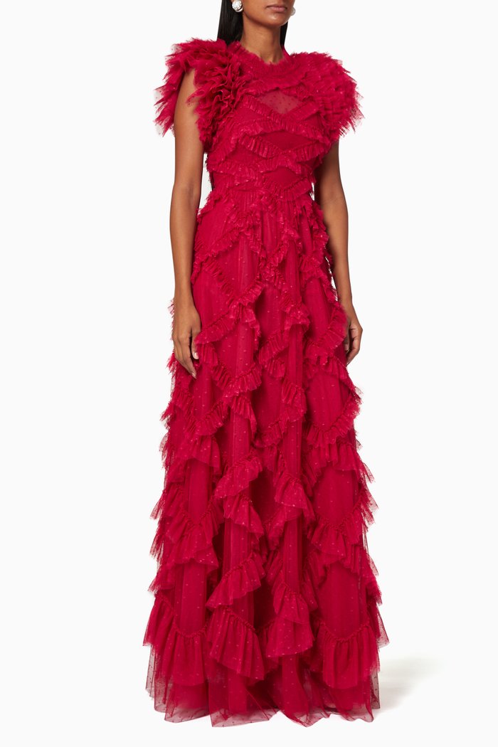 

Genevieve Ruffle Lace & Tulle Gown, Red