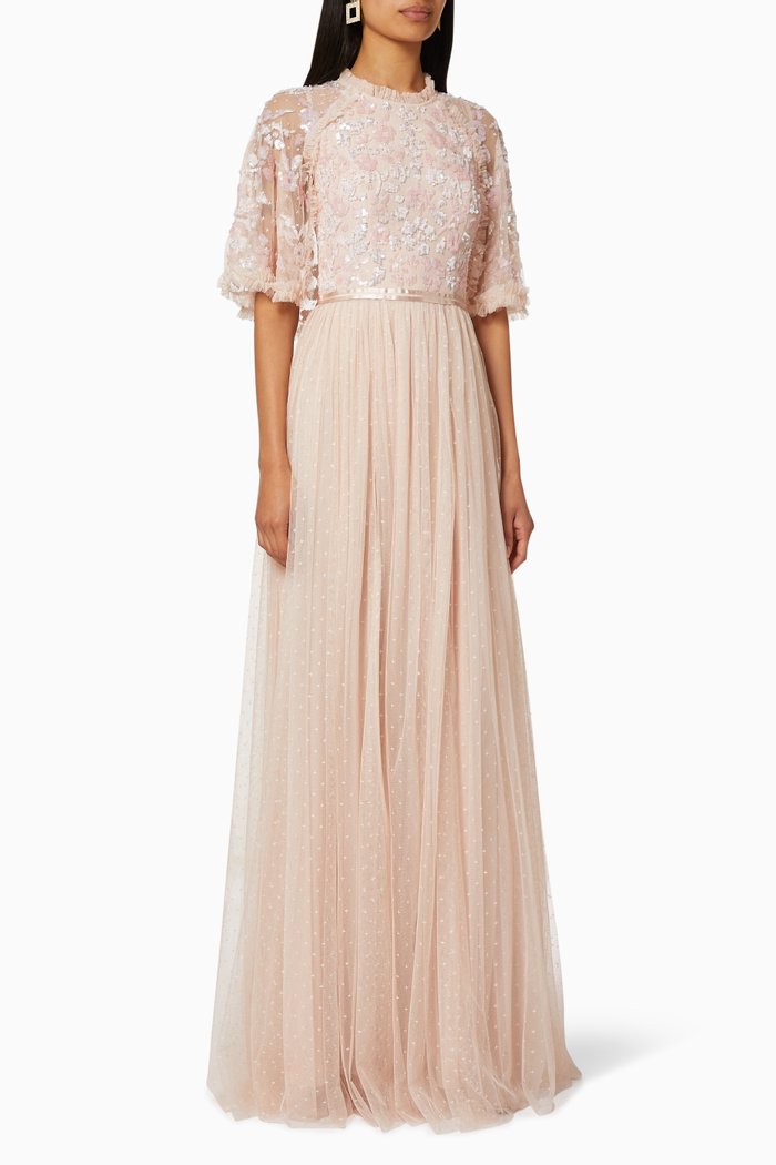 

Floral Embellished Cape Sleeves Maxi Dress, Pink
