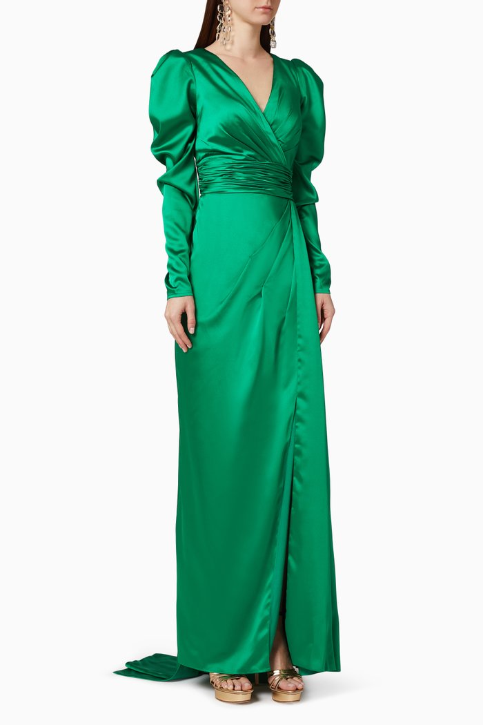 

Ruched Puff Sleeve Gown, Green