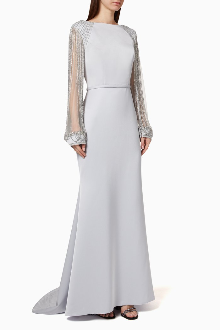 Beaded Satin Gown, Silver