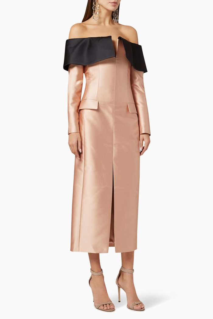 

Cold-Shoulder Satin Corset Midi Dress, Neutral