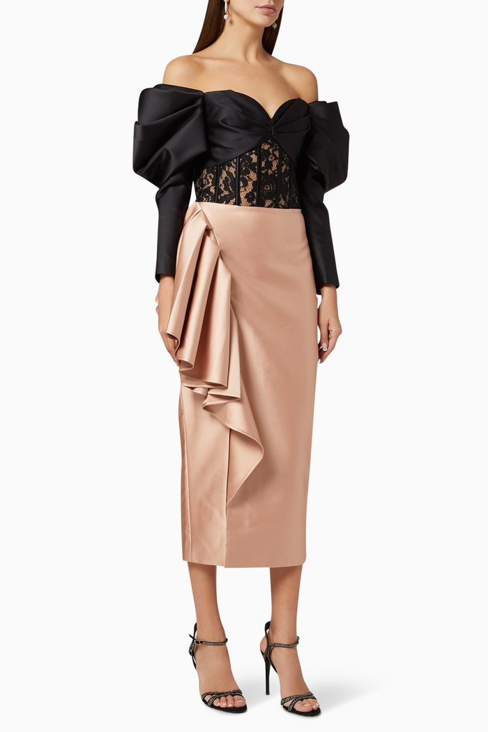 

Lace & Satin Corset Midi Dress, Neutral