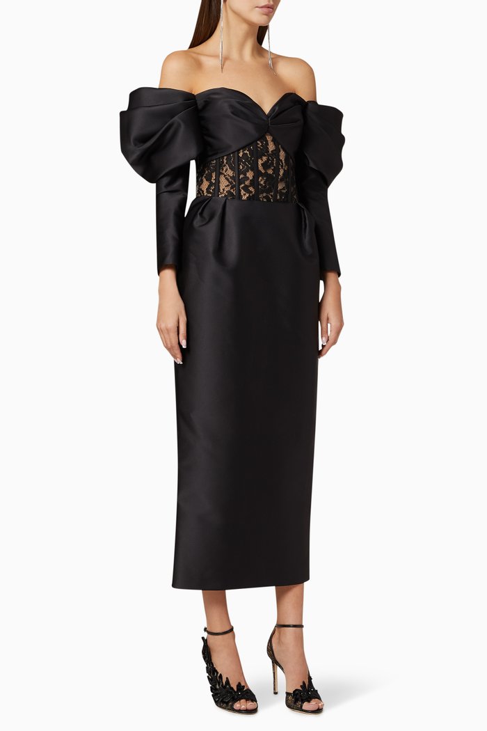 

Lace & Satin Corset Midi Dress, Black