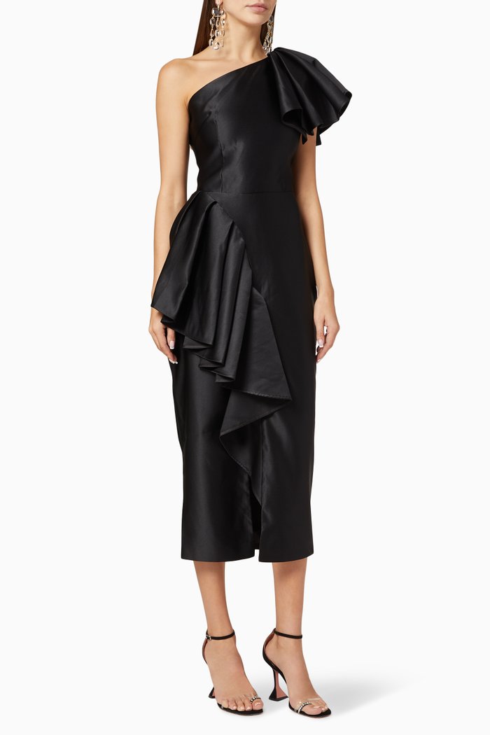 

Ruffled Satin Midi Dress, Black