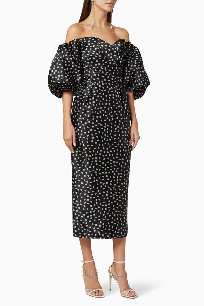

Polka-Dot Silk Corset Midi Dress, Black
