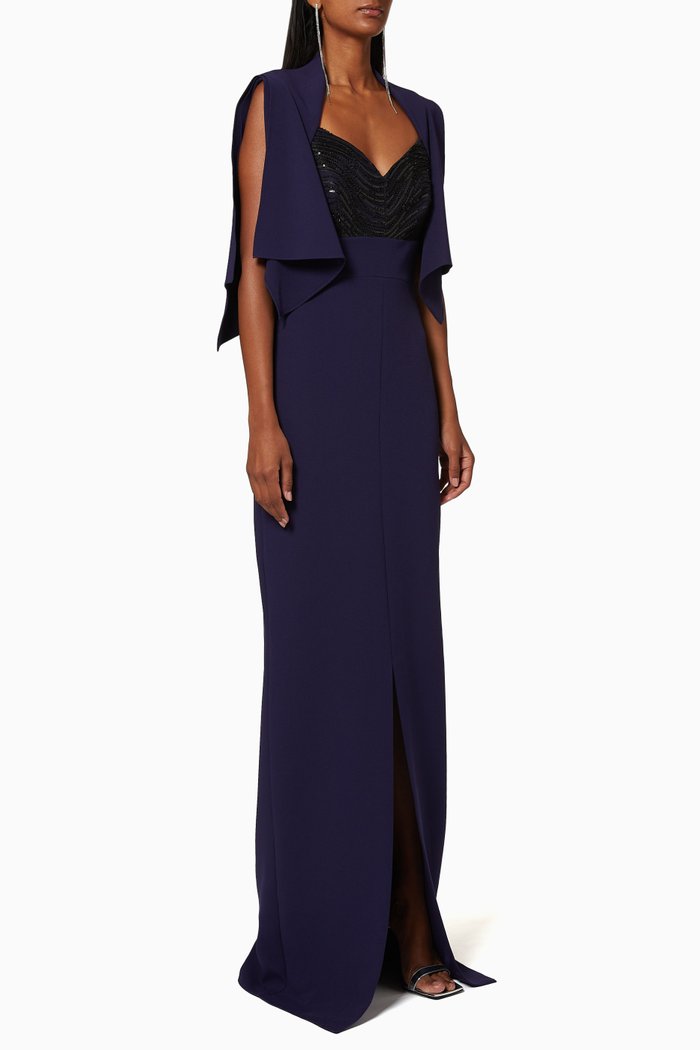 

Embellished Crepe Cape Sleeve Gown, Blue