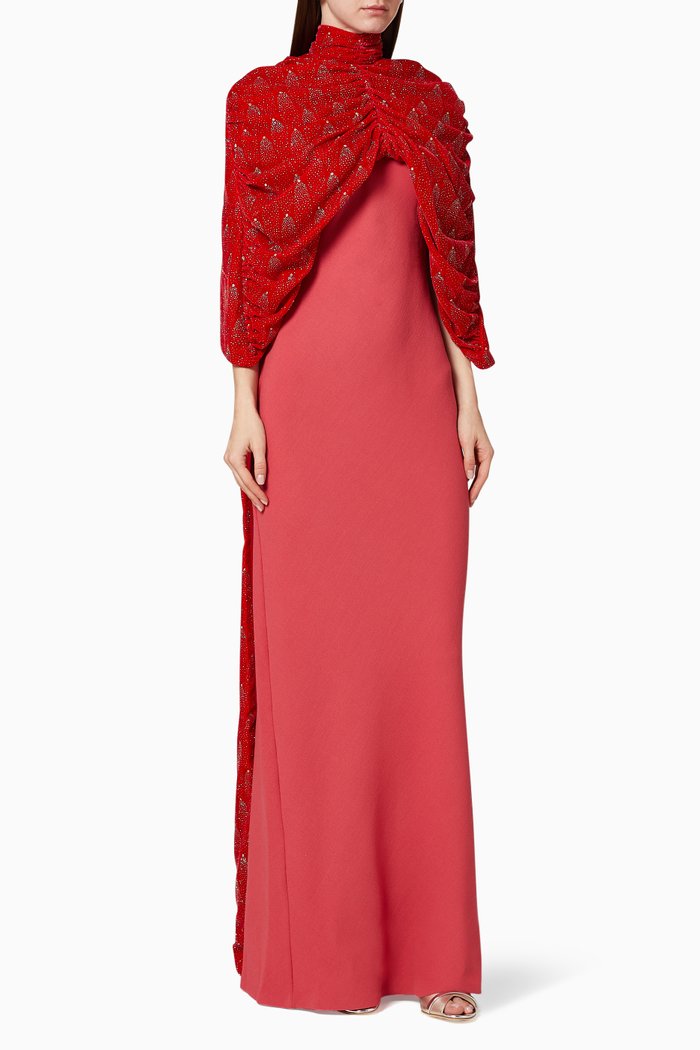 

Embellished Velvet Cape Dress, Red