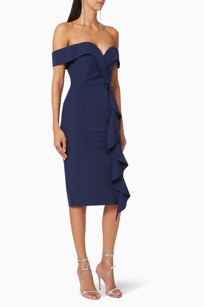 

Waterfall Ruffle Bardot Dress, Blue