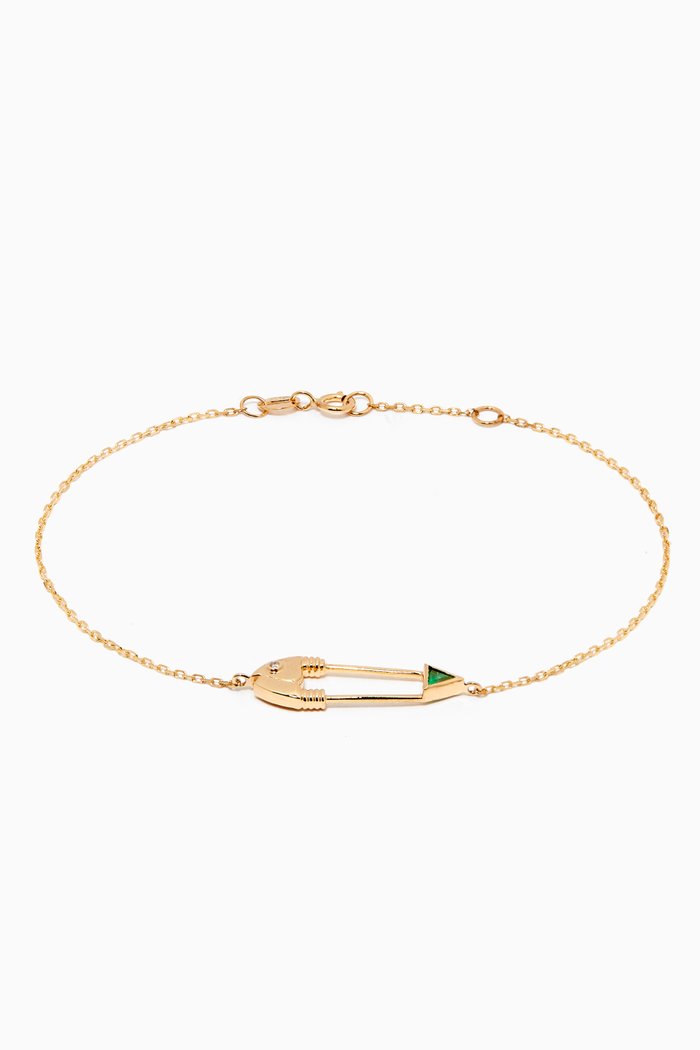 

Safety Pin Chain Bracelet in 18kt Yellow Gold, Green