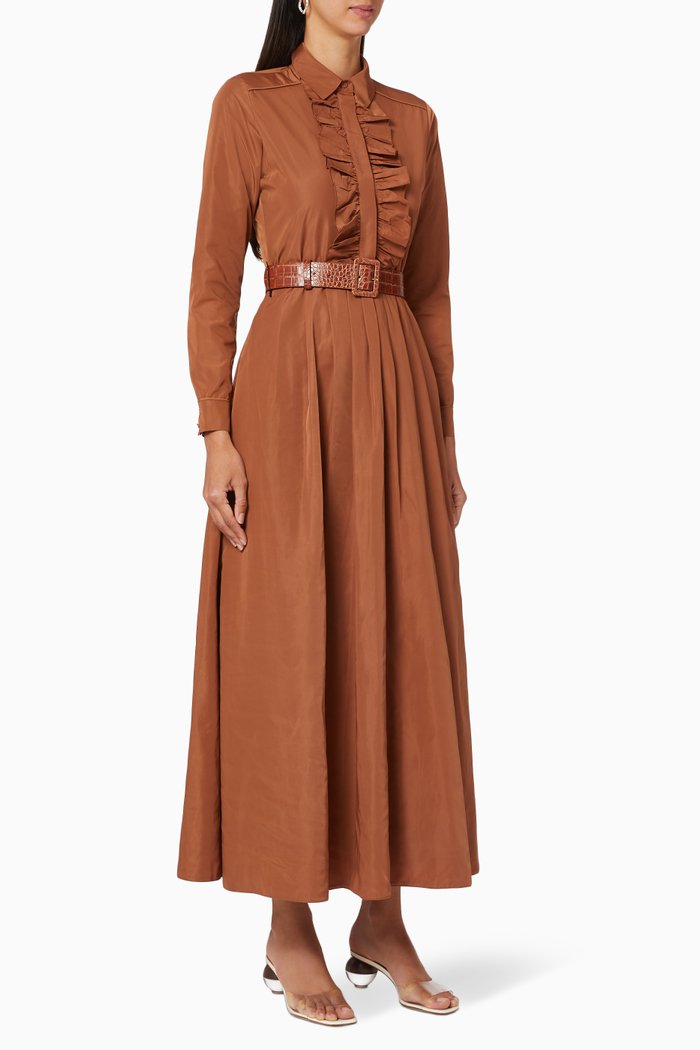 

Ruffled Placket Dress, Brown