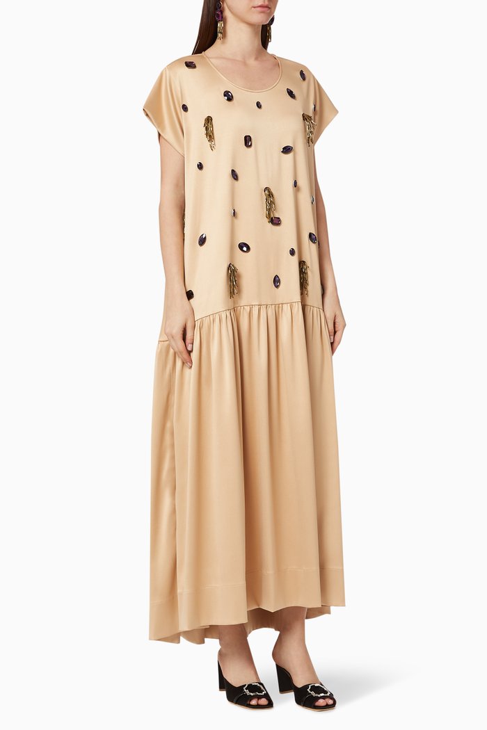 Hand-embroidered Dress with Earrings, Neutral