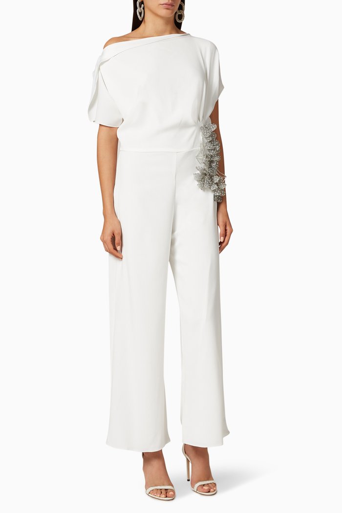 

Crystal Embellished Crepe Jumpsuit, White