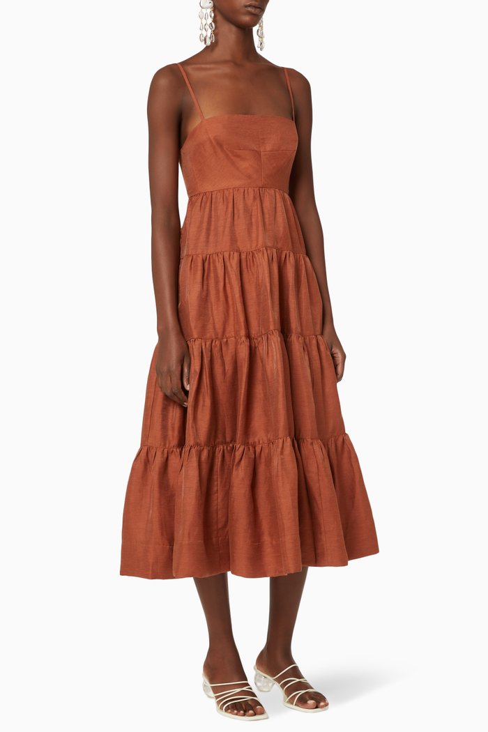 Elsa Linen-Blend Tiered Midi Dress, Brown